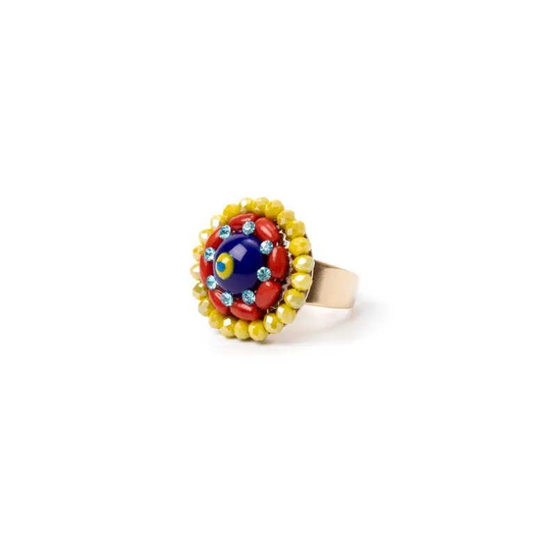 Anello con fiore di perline, cristalli e cabochon Partenope - Multicolor