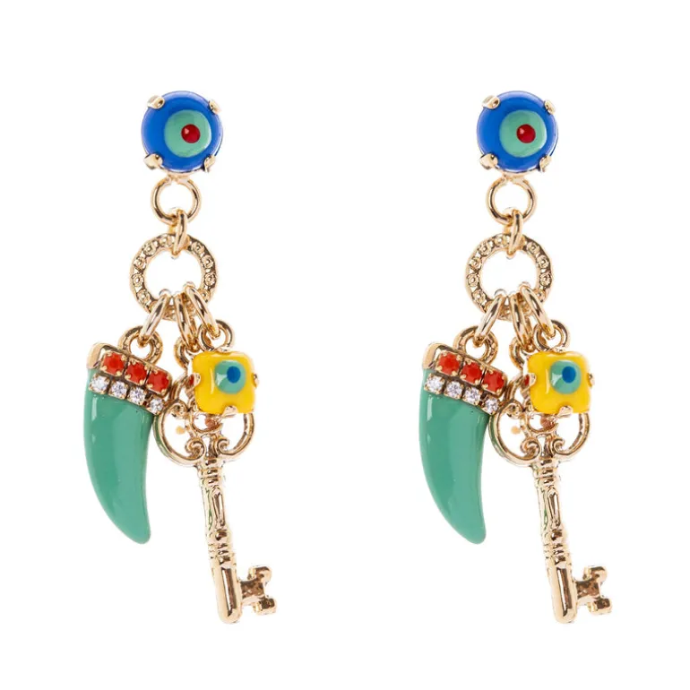 Orecchini con cabochon, chiave e cornetto Partenope - Turchese