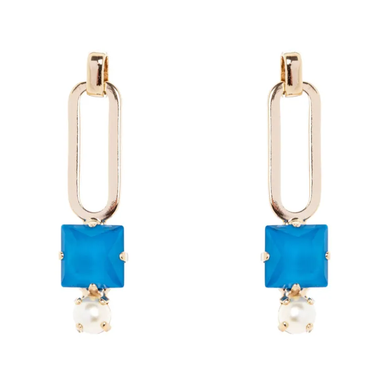 Orecchini con lungo anello, cristallo e perla Sirens - Blu
