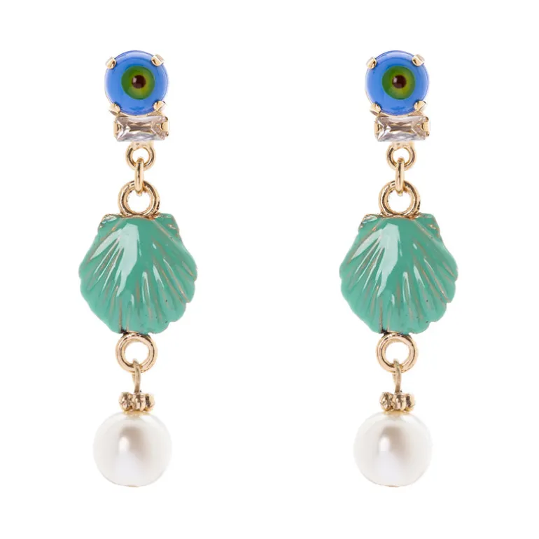 Orecchini con mini cabochon, conchiglia e perla Partenope - Turchese
