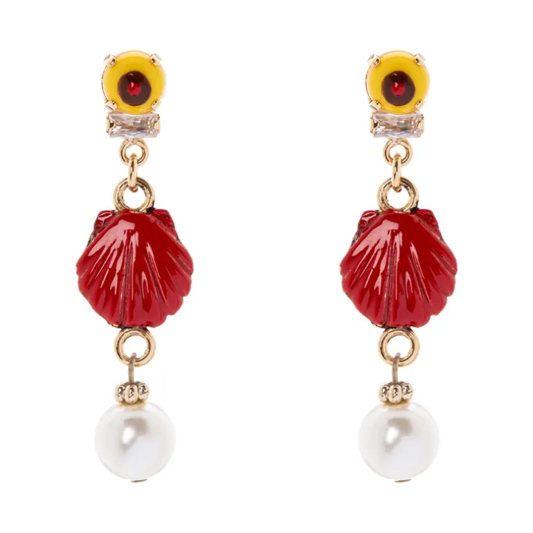 Orecchini con mini cabochon, conchiglia e perla Partenope - Rosso